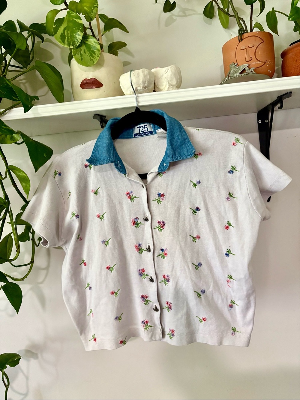 White Embroidered Floral Button-Up with Denim Collar